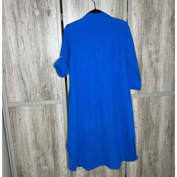 J. Jill Dress Womens Small Petite Midi Kaftan Gauze Roll Up Sleeves Pockets Blue - Picture 2 of 9